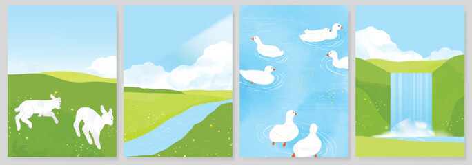 Naklejka premium Abstract Green Summer landscape background vector set. Nature wallpaper of green field on mountain, yellow flowers, blue sky , birds, river. Watercolor illustration for cover, wall art, decoration.