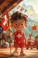 Cute 3D Character of a Little Boy Swiss Fan Holding Switzerland National Flag for Sports Championships and Cultural Events