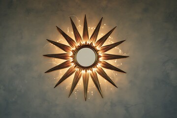 An artistic mirror shaped like a sun with pointed rays, light background, glowing and unique