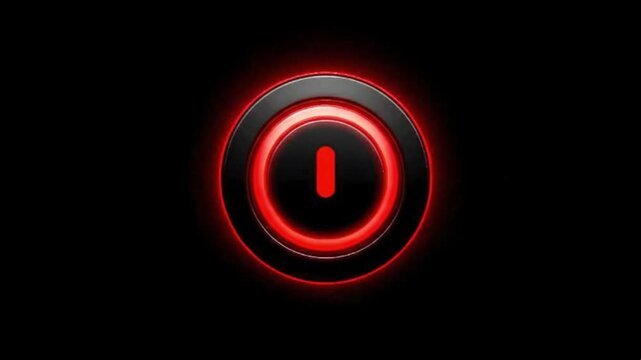 A sleek, modern digital power button icon pulsates with a vibrant red glow against a stark black background, symbolizing activation, shutdown, or a critical system state. The universal power symbol, r