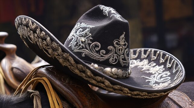 charro. An ornate Mexican charro hat resting on a leather saddle. event programs, museum guides, cultural reports, designed for cultural heritage projects and event programs, used by professors.