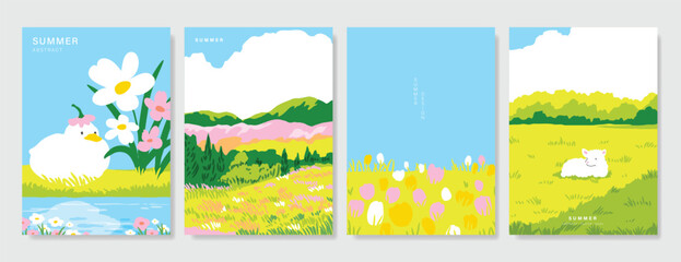 Abstract Green Summer landscape background vector set. Nature wallpaper of green field on mountain, yellow flowers, blue sky , birds, river. Watercolor illustration for cover, wall art, decoration.