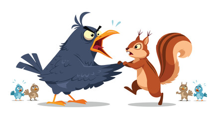 Obraz premium Large grumpy black bird loudly shouting at a surprised little squirrel while other small birds watch in fear.