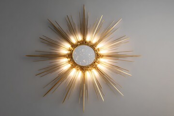 An artistic mirror shaped like a sun with pointed rays, light background, glowing and unique