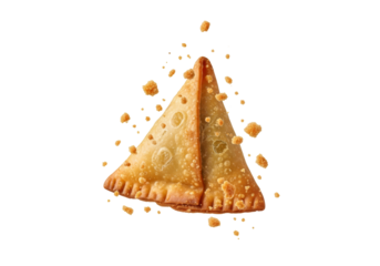 crispy samosa triangles fried pastry sesame seeds on white background