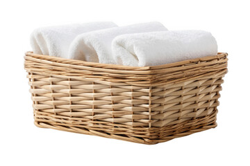 Woven basket filled with rolled white towels isolated on transparent background