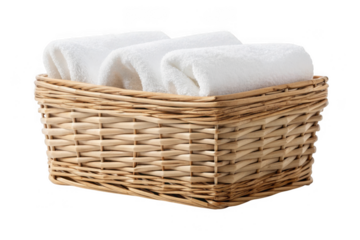 Woven basket filled with rolled white towels isolated on transparent background
