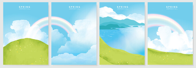 Abstract Green Summer landscape background vector set. Nature wallpaper of green field on mountain, yellow flowers, blue sky , birds, river. Watercolor illustration for cover, wall art, decoration.