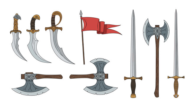 Assorted collection of medieval fantasy weapons including curved daggers, long swords, double-headed axes, and a red flag.