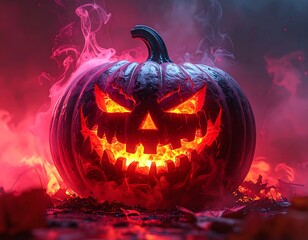 Spooky glowing jack-o'-lantern with red smoke and fiery details
