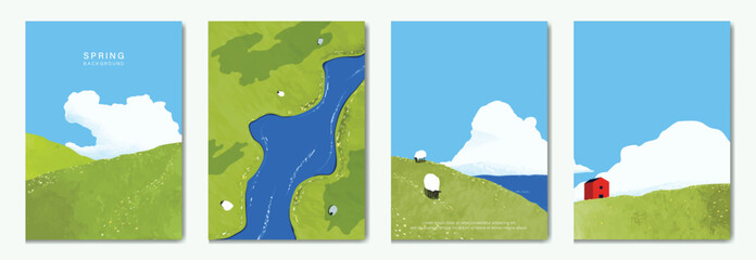 Abstract Green Summer landscape background vector set. Nature wallpaper of green field on mountain, yellow flowers, blue sky , birds, river. Watercolor illustration for cover, wall art, decoration.