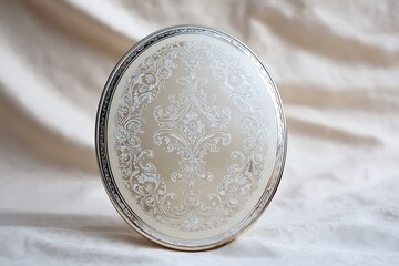 An oval mirror with intricate silver filigree design, set against a pale cream background, elegant and unique