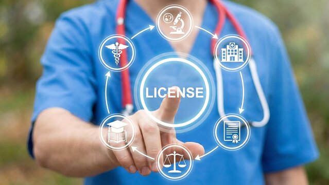 Health care licensing concept. Doctor using virtual touch screen presses the text LICENSE. Licensing pharmaceutical product, medical service, doctor ,technology, doctor