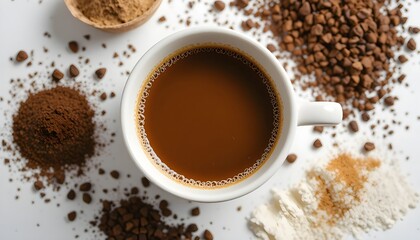 Cup of Hot Coffee with Ingredients Arranged on White Background Flat Lay for Culinary or Beverage Design