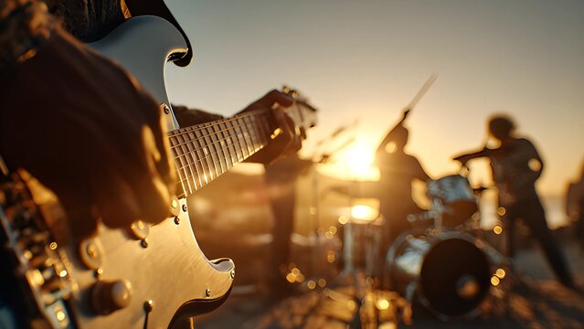 Guitar horizon band on stage outdoor sunset silhouette. Outdoor live music concert music festival. Outdoor live music event at sunset, focusing on a musician playing an electric guitar. 