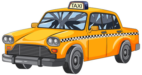 Fototapeta premium Bright yellow taxi cab in cartoon vector style with checkered stripe and clean outlines
