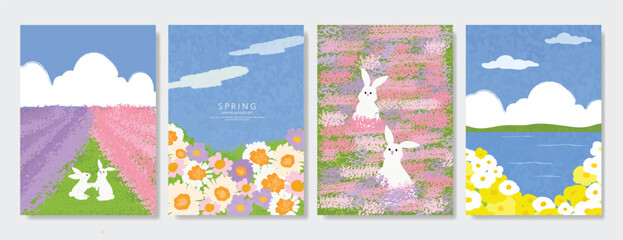 Obraz premium Abstract Green Summer landscape background vector set. Nature wallpaper of green field on mountain, yellow flowers, blue sky , birds, river. Watercolor illustration for cover, wall art, decoration.