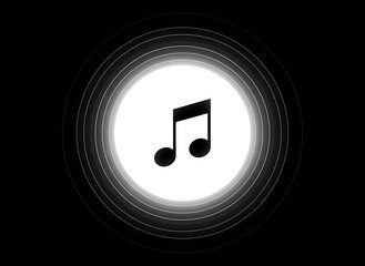 Musical eighth note icon, surrounded by concentric circular glowing lines, on black