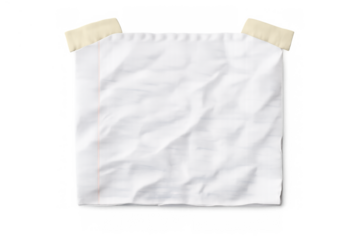 Crumpled blank paper note with two pieces of adhesive tape at the top, showing creases and texture, ready for text