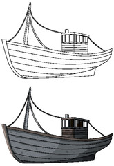 Wooden Fishing Boat Vector Line Art and Color Version © blueringmedia