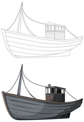 Traditional wooden fishing boat illustration with outlined sketch and shaded color version in side view © blueringmedia