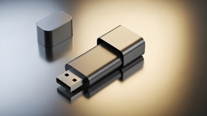 Premium USB flash disk on silver-gold background with elegant metallic lighting.