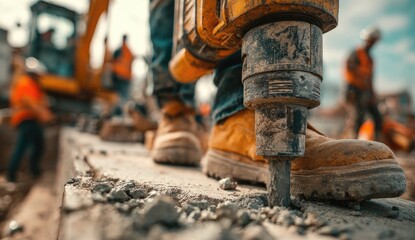 Close-up of a worker using a jackhammer, boots on concrete, with other workers in background