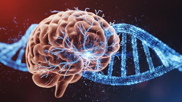 Creative 3D rendering of the human brain with the double helix of dna, scientific medical concept