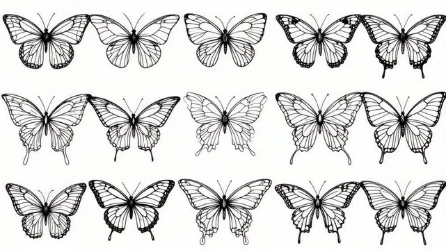 Collection of twelve black and white butterfly drawings on a neutral background, various outline wing patterns and shapes.