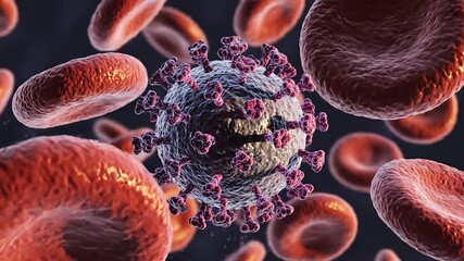 Detailed 3D rendering of a spherical virus particle possibly HIV surrounded by numerous red blood cells in the human bloodstream illustrating microscopic biological threats and infectious diseases wi. - Powered by Adobe