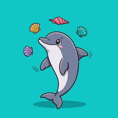 Naklejka premium Cute cartoon dolphin and whale swimming together in the blue ocean vector illustration