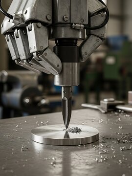Robotic arm precisely tapping metal with a specialized tool concept