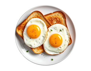 Fried eggs, toast, plate, black background, aerial view