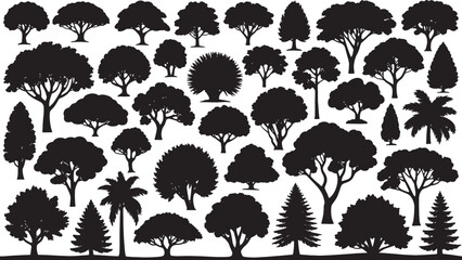 This is a high-contrast, black and white, vector-style illustration showcasing a diverse collection of tree silhouettes