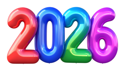 Vibrant, glossy 3D numerals spelling out "2026" with rainbow gradient
