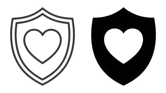 Heart shield icon set symbolizing love, protection, and health security with outline and filled versions isolated on transparent background