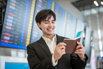 Asian businessman passenger checking departure boarding pass in airport.