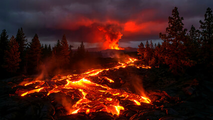 Intense volcanic eruption illuminates the dark landscape with rivers of molten orange lava flowing across rugged terrain at twilight