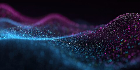 Abstract digital art with undulating waves composed of glowing blue and purple particles