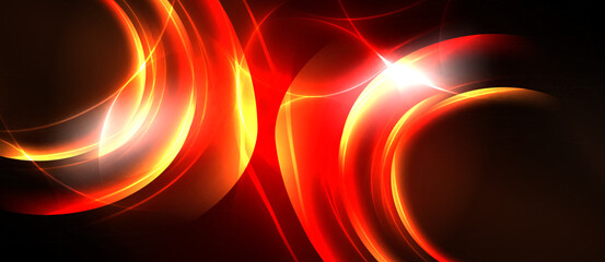 Abstract design features vibrant red, orange curves against dark background. Bright light emanates from central focal point. Dynamic energy radiates throughout composition.
