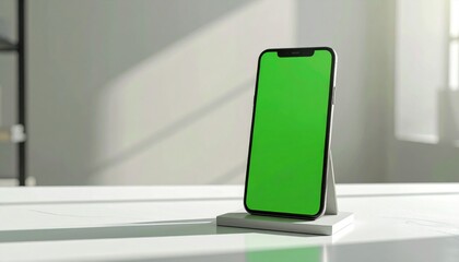 Digital Canvas: A sleek smartphone with a vibrant green screen rests on a modern desk, inviting creative expression and technological immersion.