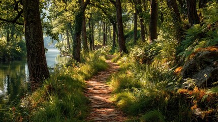 Serene Natural Forest Trail with Sunlight Filtering Through Lush Green Canopy