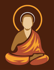 Buddhist Monk Meditating In Lotus Pose Vector Illustration on Dark Brown Background.
