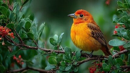 Vibrant Detailed Scarlet Tanager Bird Perched on Branch in Lush Foliage