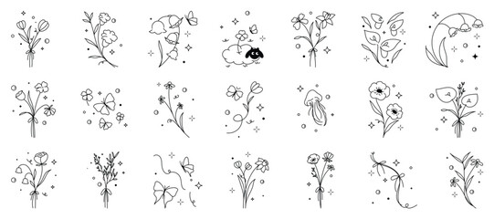 Obraz premium minimal line flower and botanical graphic sketch drawing, trendy tiny tattoo design, floral elements vector illustration 