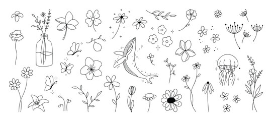 minimal line flower and botanical graphic sketch drawing, trendy tiny tattoo design, floral elements vector illustration  © babeer