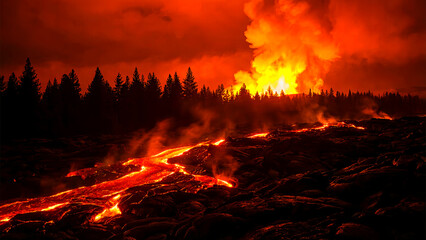 Intense volcanic eruption displays brilliant incandescent lava flows creating dramatic steam and illuminating a dark coniferous forest against an ominous fiery red sky at night.