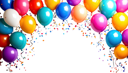 Balloons surround a black space, confetti details below