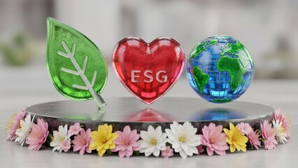 Corporate Sustainability ESG 3D Icon Set. Glass Texture Leaf, Heart and Globe Icons with Blossoming 3D Flowers. Modern Business ESG Concept.