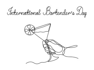 International Bartender's Day. Greeting card. Abstract hand with glass of Cosmopolitan cocktail and Lime fruit, continuous single one line art hand drawing sketch logo on white background